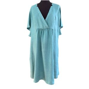 Sundance Linen Dress Size 2X Blue Dawn to Dusk Popover Loose V-Neck Pockets